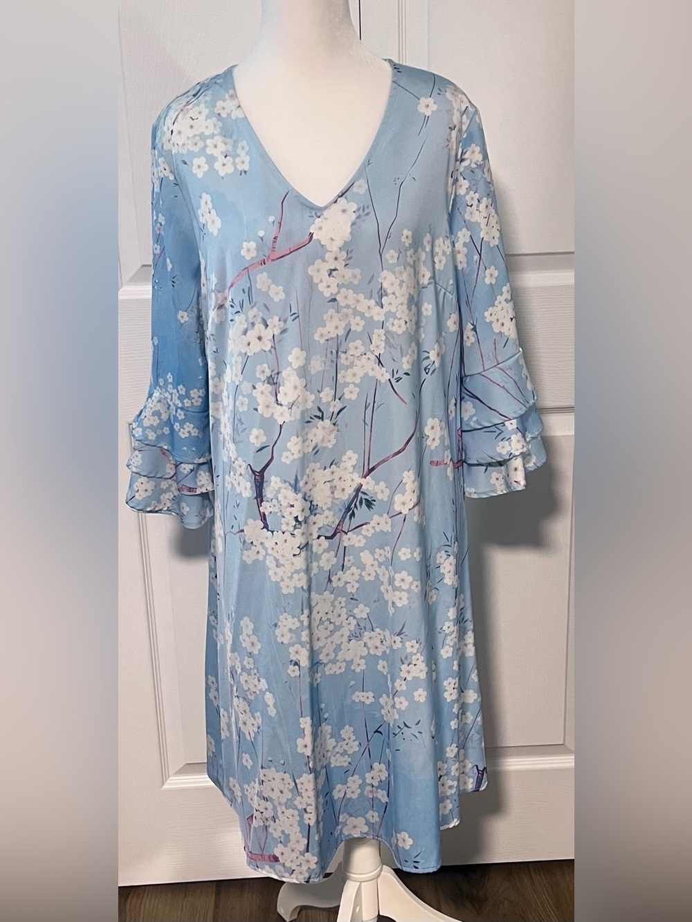 ShallWe Light Blue Floral V-Neck Tiered Bell Sleeve Dress